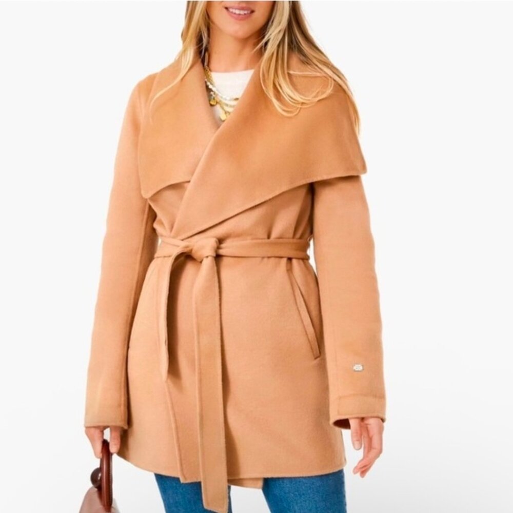 Soia & Kyo Toffee Bridgette  Wool Belted Wrap Camel Coat Sz Small